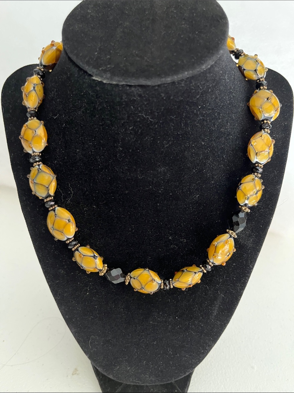 Murano Style Bumpy Lampwork Glass Bead Necklace 17" Topaz Yellow & Black